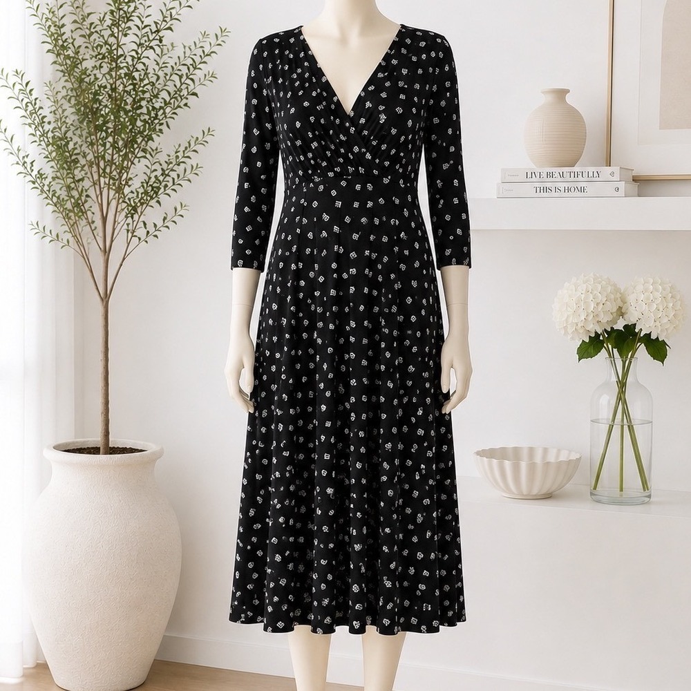 Lauren‎ Ralph Lauren Dress Women 6 A-Line Black White Geometric Surplice V-Neck